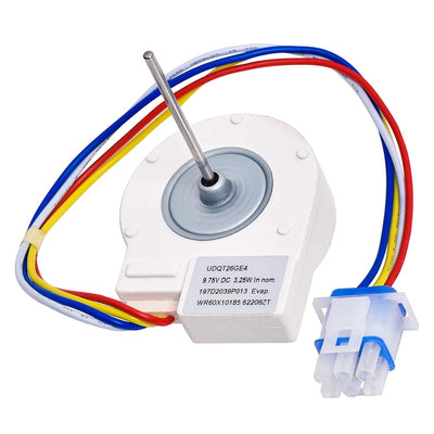 WR60X10185 evaporator fan motor for GE and Hotpoint refrigerators with wiring harness and connector.