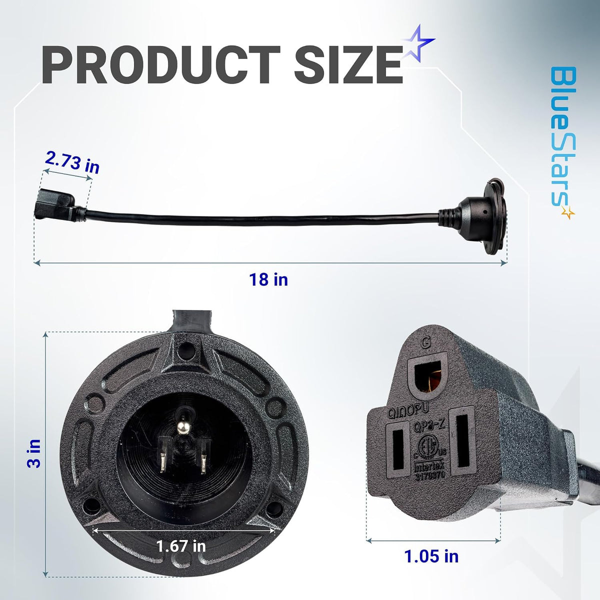 15A 125V AC Shore Power Inlet Plug, product size diagram showing 18-inch cord and inlet dimensions