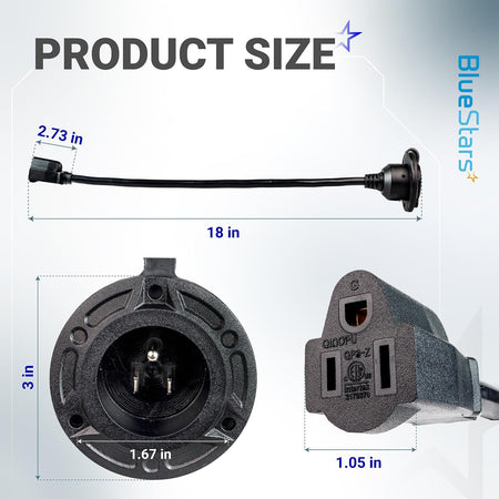 15A 125V AC Shore Power Inlet Plug, product size diagram showing 18-inch cord and inlet dimensions