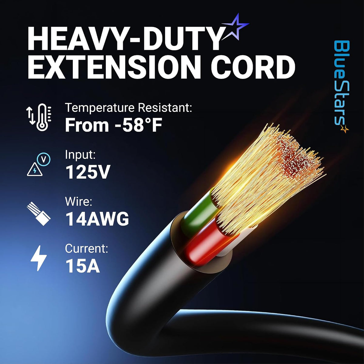 15A 125V AC Shore Power Inlet Plug, graphic showing heavy-duty extension cord with 125V, 14AWG and 15A specifications