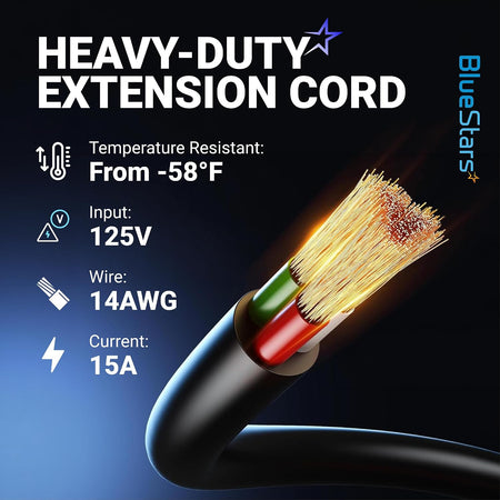 15A 125V AC Shore Power Inlet Plug, graphic showing heavy-duty extension cord with 125V, 14AWG and 15A specifications
