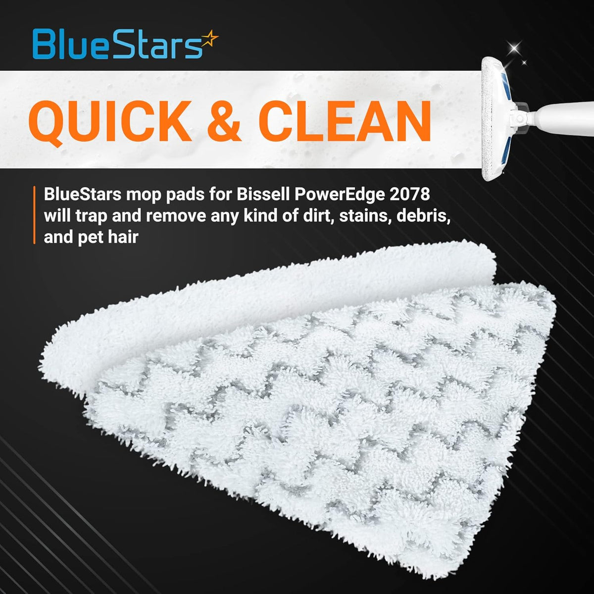 BlueStars microfiber steam mop pads for Bissell PowerEdge 2078 series shown in an informational product graphic.