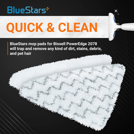 BlueStars microfiber steam mop pads for Bissell PowerEdge 2078 series shown in an informational product graphic.