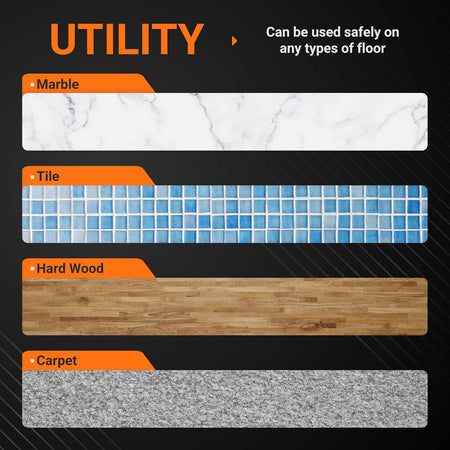 Infographic showing microfiber steam mop pads are safe for use on marble, tile, hardwood, and carpet floors.