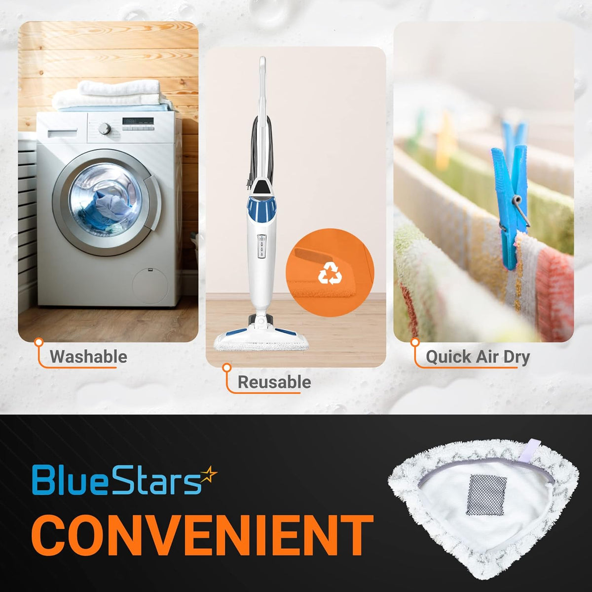 Infographic showing washable and reusable microfiber steam mop pads for Bissell PowerEdge and PowerForce cleaners.
