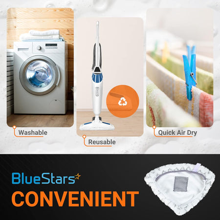 Infographic showing washable and reusable microfiber steam mop pads for Bissell PowerEdge and PowerForce cleaners.