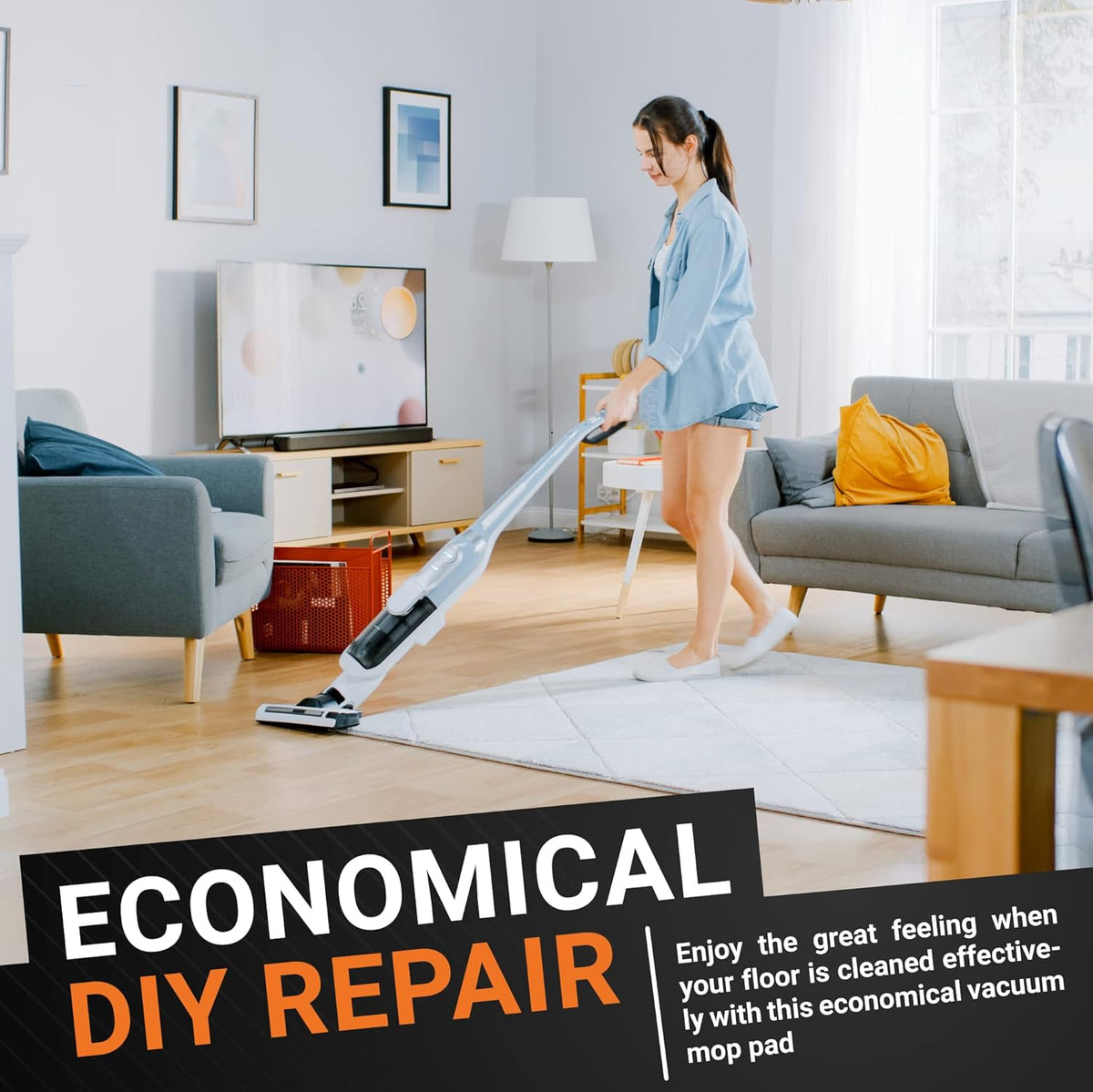 Woman using a Bissell steam mop with microfiber pads to clean a living room floor.