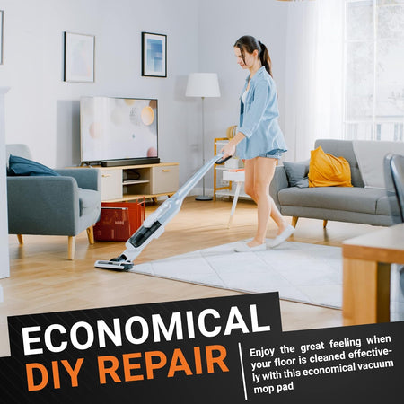 Woman using a Bissell steam mop with microfiber pads to clean a living room floor.