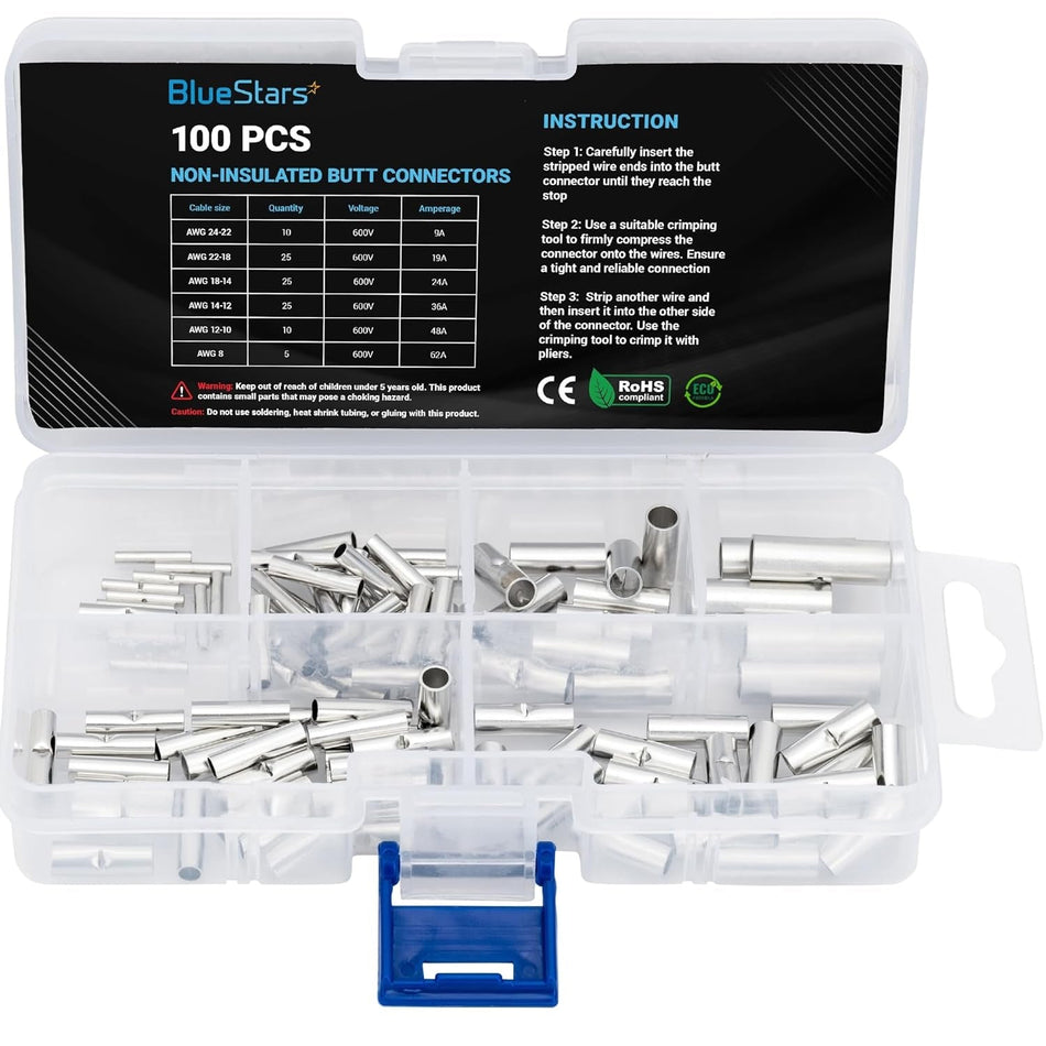 100 PCS Non-Insulated Butt Connectors Butt Splice