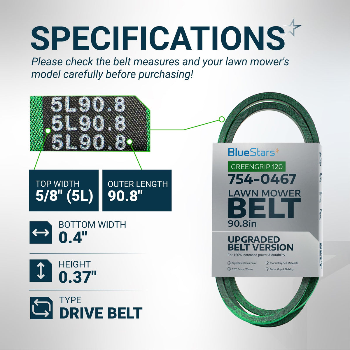 Specification chart for 954-0467A lawn mower drive belt showing dimensions and product details.