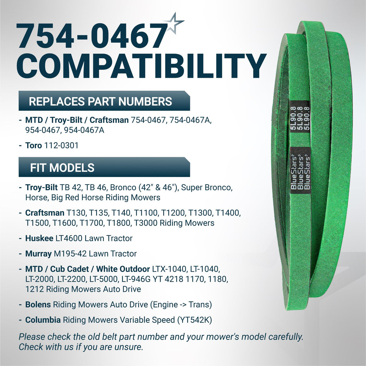 Green 954-0467A lower drive belt for MTD, Cub Cadet, and Troy-Bilt lawn mowers with compatibility chart.