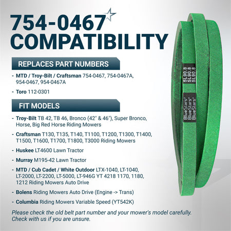 Green 954-0467A lower drive belt for MTD, Cub Cadet, and Troy-Bilt lawn mowers with compatibility chart.