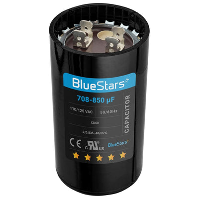 Black round start capacitor 708-850 uF 110-125 VAC for air conditioners and electric motors.