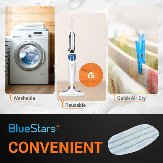 Infographic showing washable and reusable microfiber steam mop pads compatible with PurSteam ThermaPro cleaners.