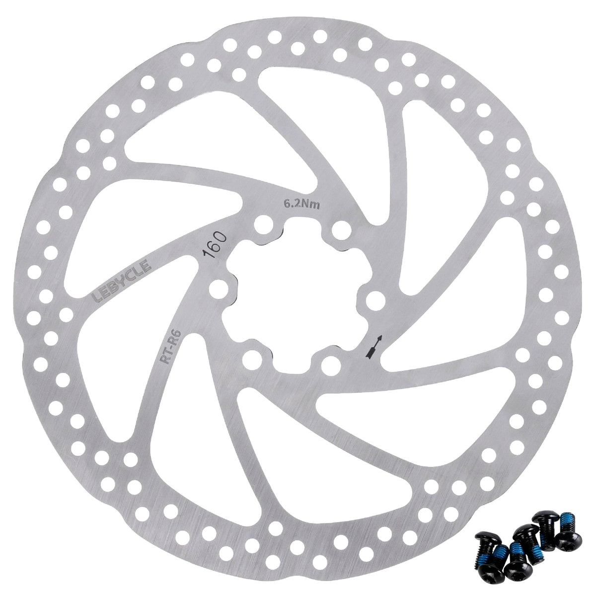 160mm stainless steel bike disc brake rotor with 6 mounting bolts for MTB and road bikes.