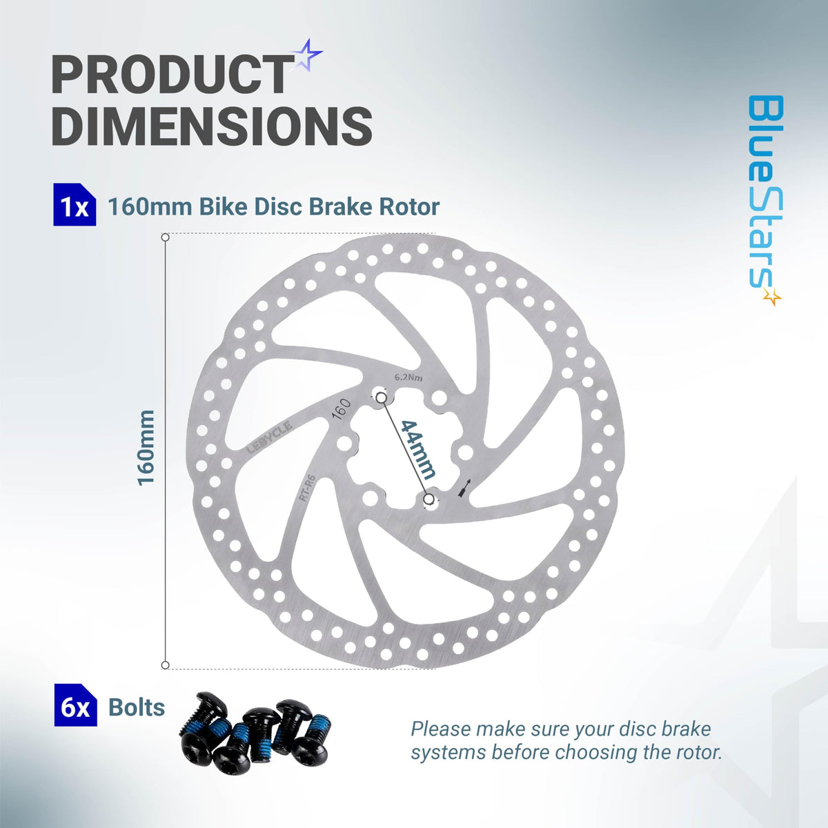 Dimension diagram of 160mm stainless steel bike disc brake rotor with 6 mounting bolts.