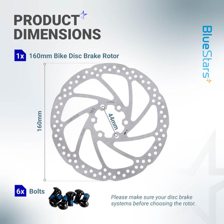 Dimension diagram of 160mm stainless steel bike disc brake rotor with 6 mounting bolts.