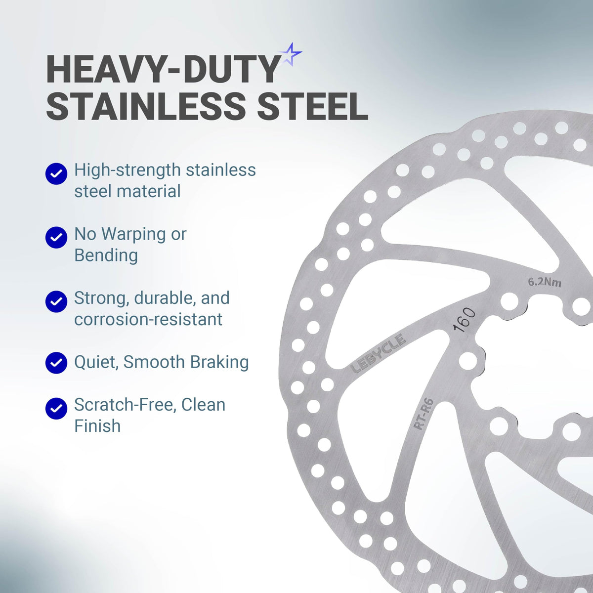 Close-up of 160mm stainless steel bike disc brake rotor highlighting durability and material features.