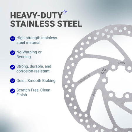 Close-up of 160mm stainless steel bike disc brake rotor highlighting durability and material features.