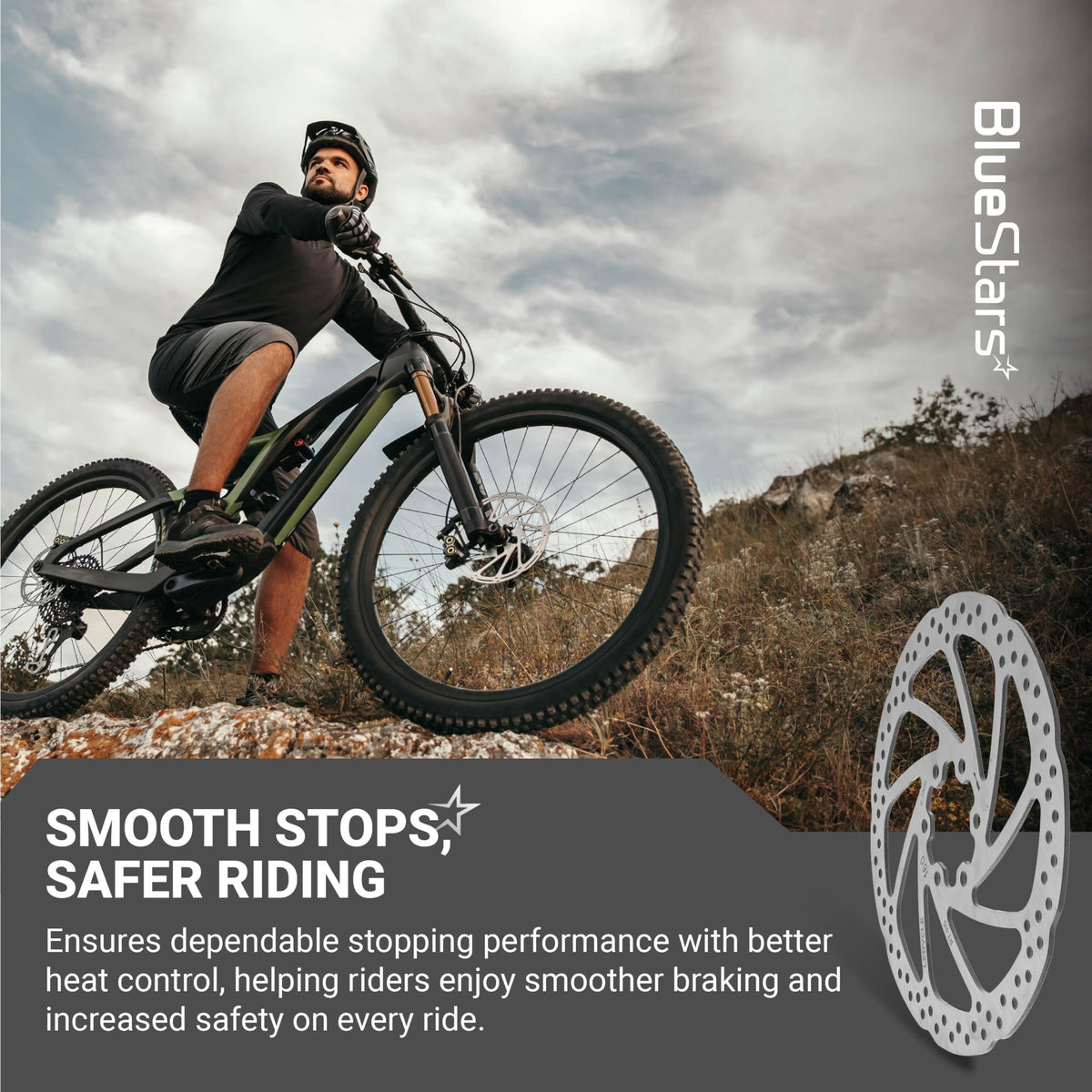 Stainless steel 160mm disc brake rotor shown next to a mountain biker on a trail.