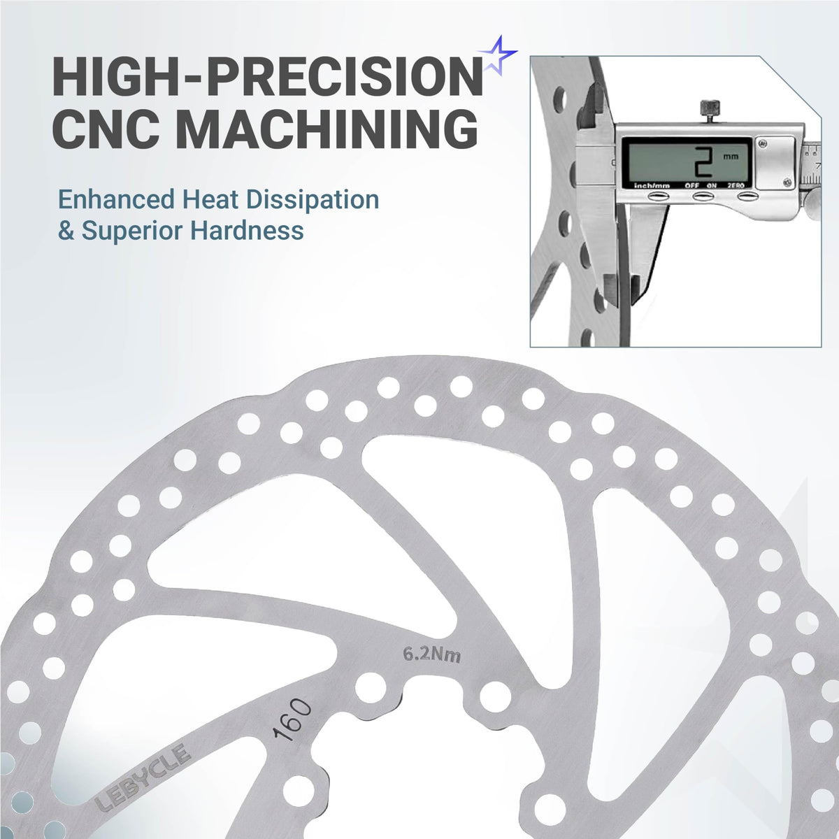 Close-up of 160mm stainless steel bike disc brake rotor showing 2mm thickness measurement with digital caliper.