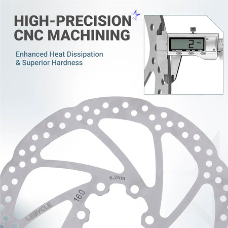Close-up of 160mm stainless steel bike disc brake rotor showing 2mm thickness measurement with digital caliper.