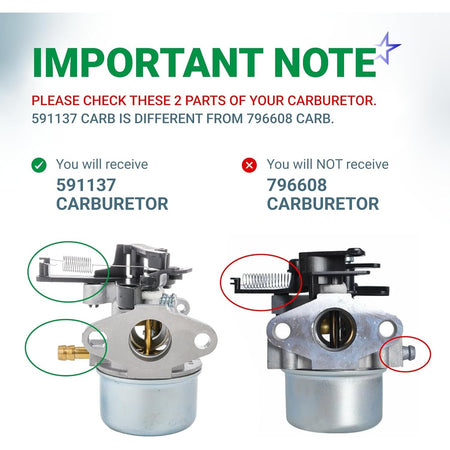 Comparison chart showing differences between 591137 carburetor and 796608 carburetor for lawn mower engines.