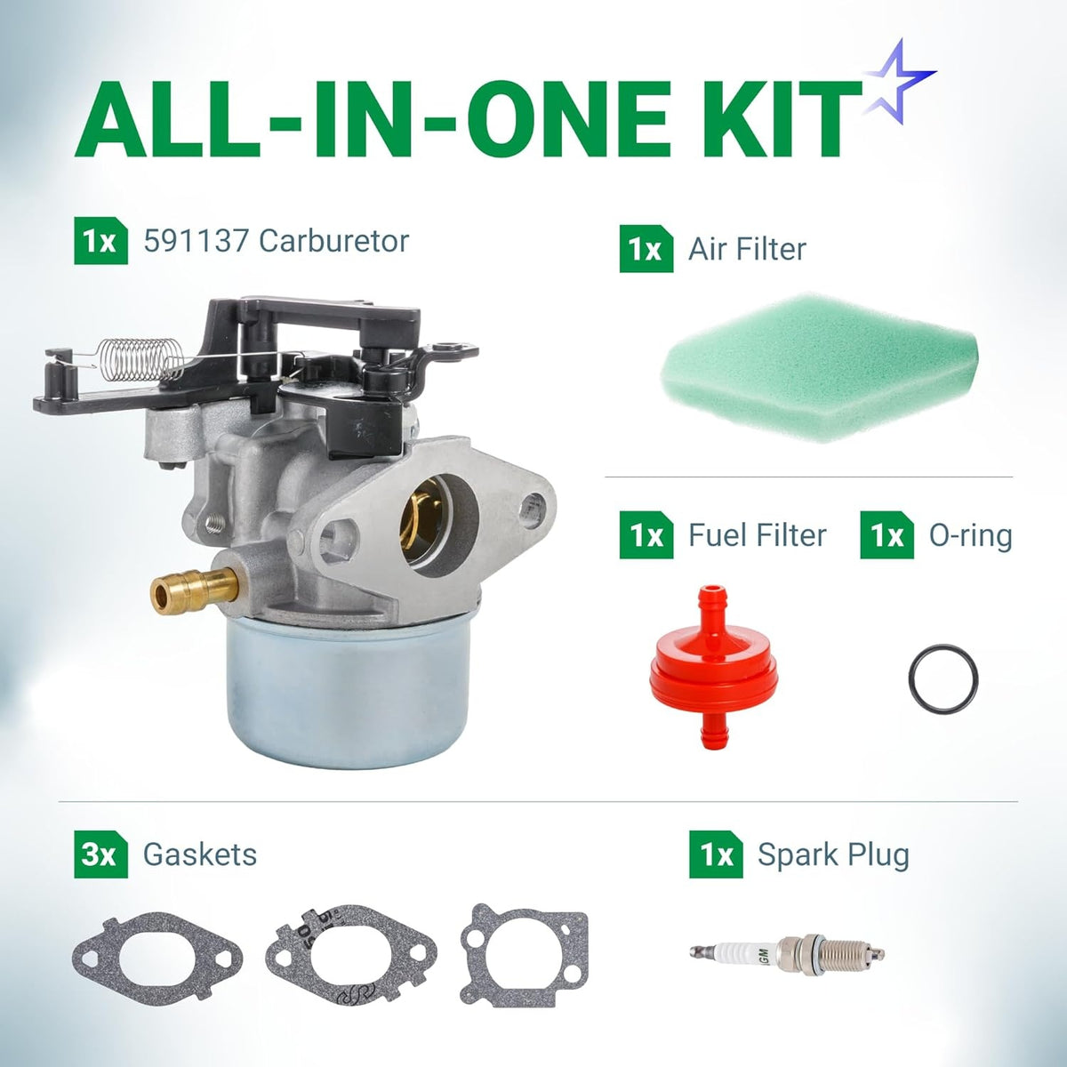 591137 carburetor all-in-one maintenance kit with air filter, fuel filter, gaskets, O-ring, and spark plug.