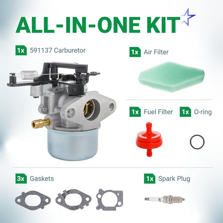 591137 carburetor all-in-one maintenance kit with air filter, fuel filter, gaskets, O-ring, and spark plug.