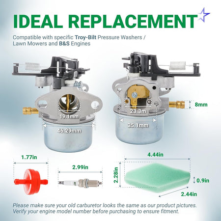591137 carburetor replacement kit with dimensions, fuel filter, spark plug, and air filter for B&S engines.