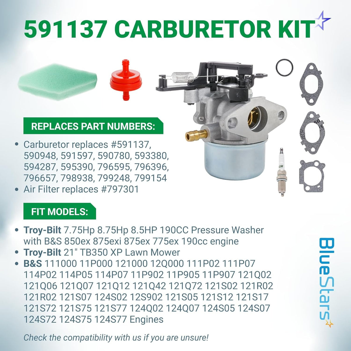 591137 carburetor kit with air filter, fuel filter, spark plug, and gaskets for Troy-Bilt and Briggs & Stratton engines.