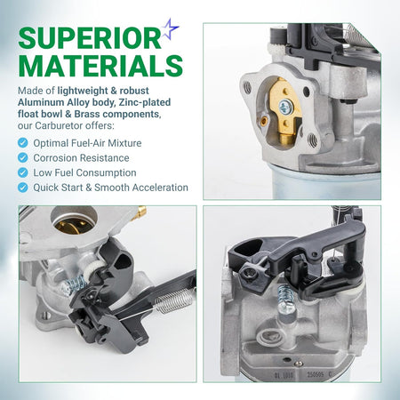 Collage showing close-up views of the 591137 carburetor for Briggs & Stratton and Troy-Bilt engines.