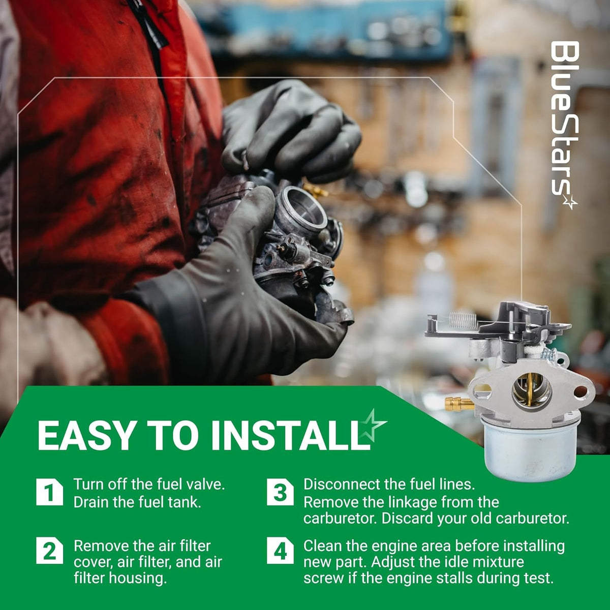 Instructional graphic showing 591137 carburetor installation steps for compatible lawn mower and pressure washer engines.