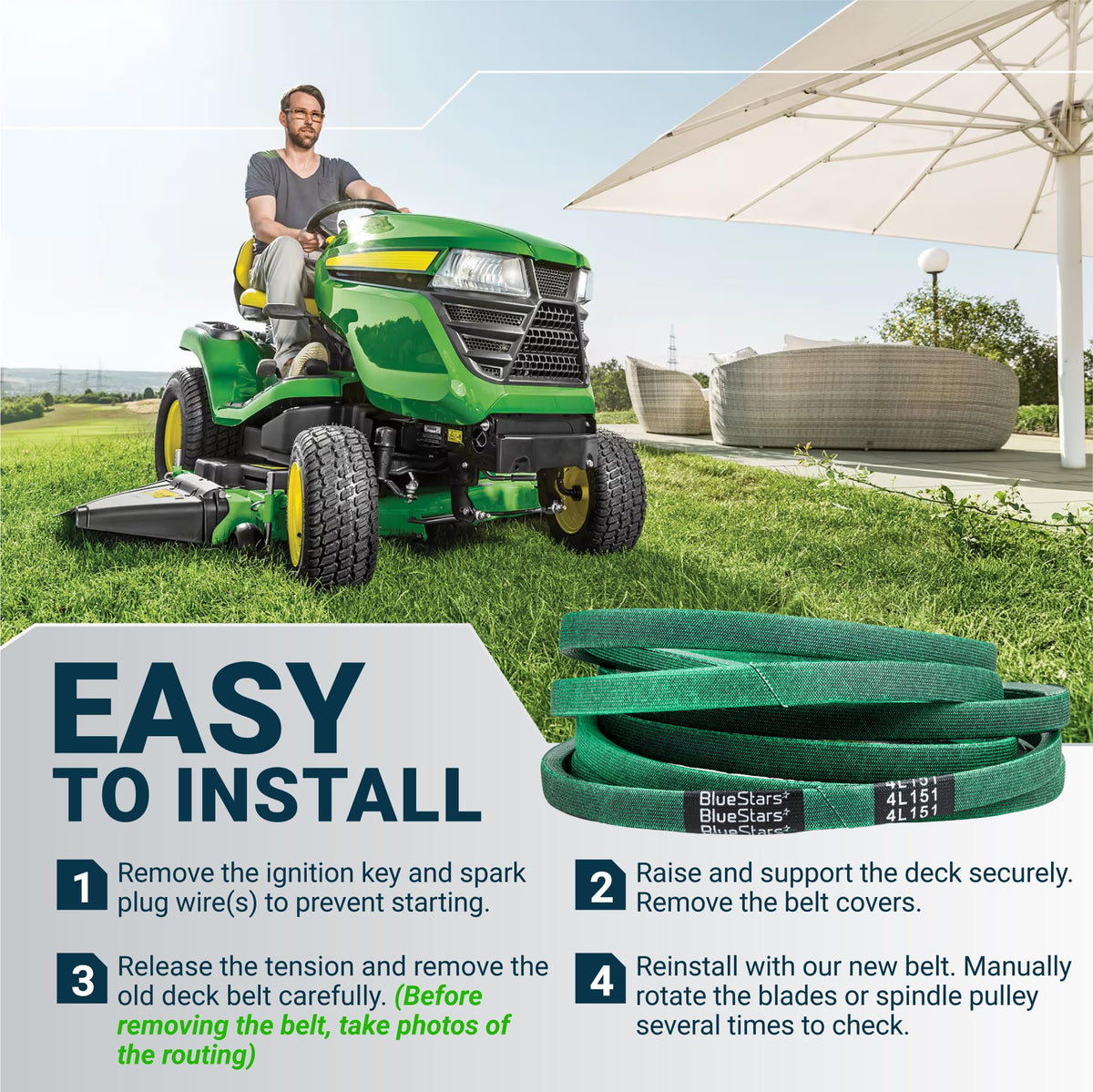 Instructional graphic showing how to install a green 4L151 replacement mower deck belt on a riding lawn tractor.