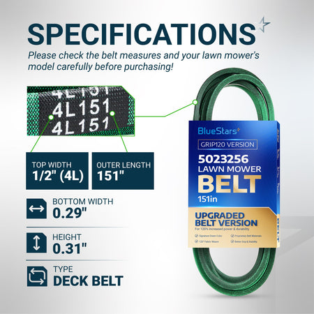 BlueStars 5023256 lawn mower deck belt specifications chart showing 1/2 inch width and 151 inch outer length.