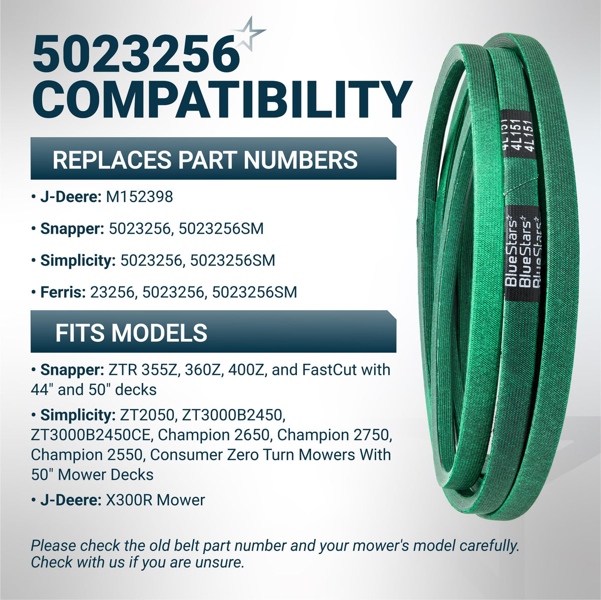 Green replacement mower deck belt 5023256 compatible with Snapper, Simplicity, and John Deere zero turn mowers.