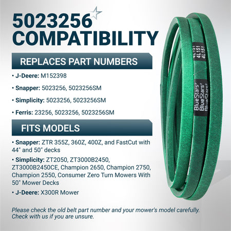Green replacement mower deck belt 5023256 compatible with Snapper, Simplicity, and John Deere zero turn mowers.