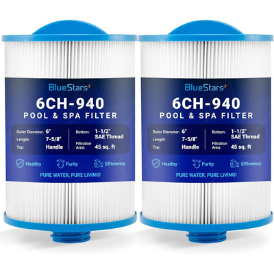 Two 6CH-940 spa filter replacements with 45 sq. ft. filtration area, handle top, and 1-1/2 inch SAE thread bottom.