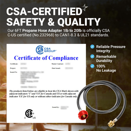 CSA-certified 6ft propane hose adapter with QCC1 connector shown alongside official certificate of compliance.