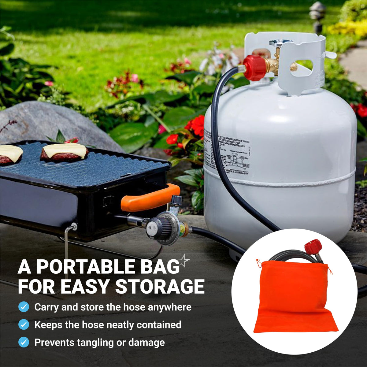 6ft propane hose adapter connected to a grill and tank with an orange storage bag for easy transport.