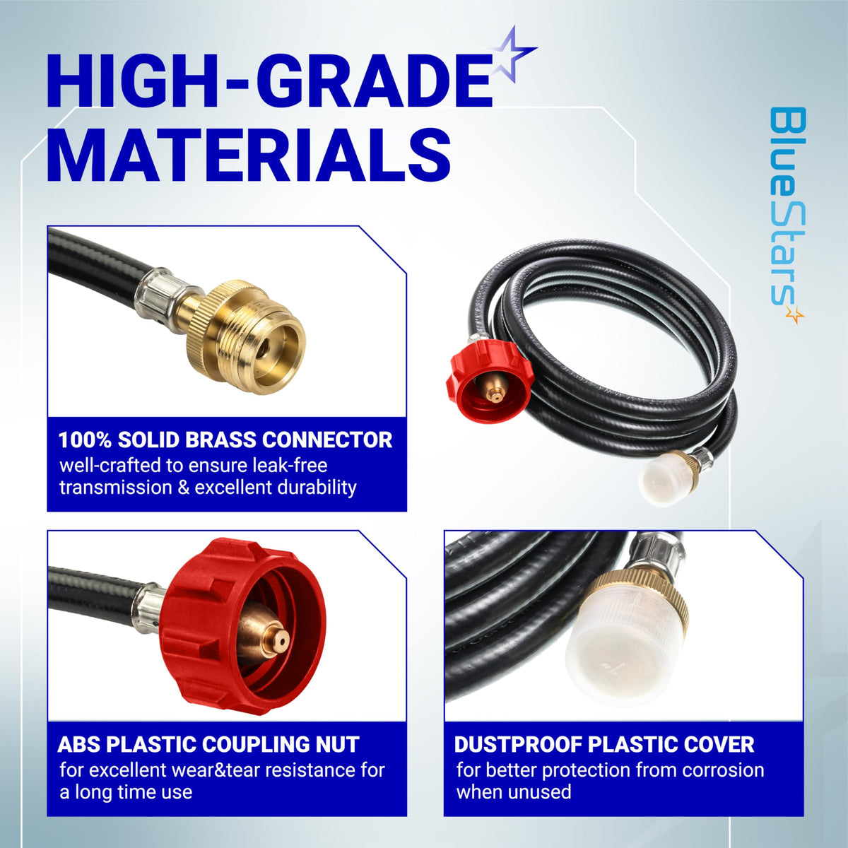 Infographic showing high-grade materials of 6ft propane hose adapter with brass connector, coupling nut, and dust cover.