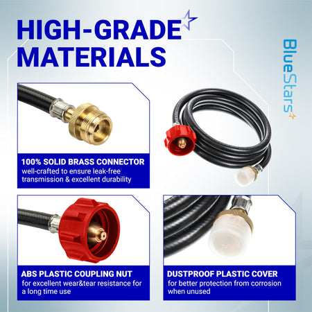 Infographic showing high-grade materials of 6ft propane hose adapter with brass connector, coupling nut, and dust cover.