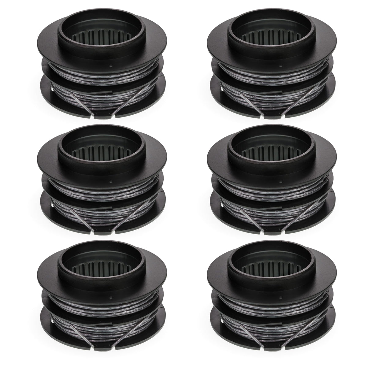 Pack of 6 SB00L00 replacement string trimmer spools for Greenworks 60V and 80V dual line trimmers.