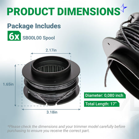 Dimension diagram of SB00L00 replacement spool for Greenworks string trimmers showing height, width, and line diameter.