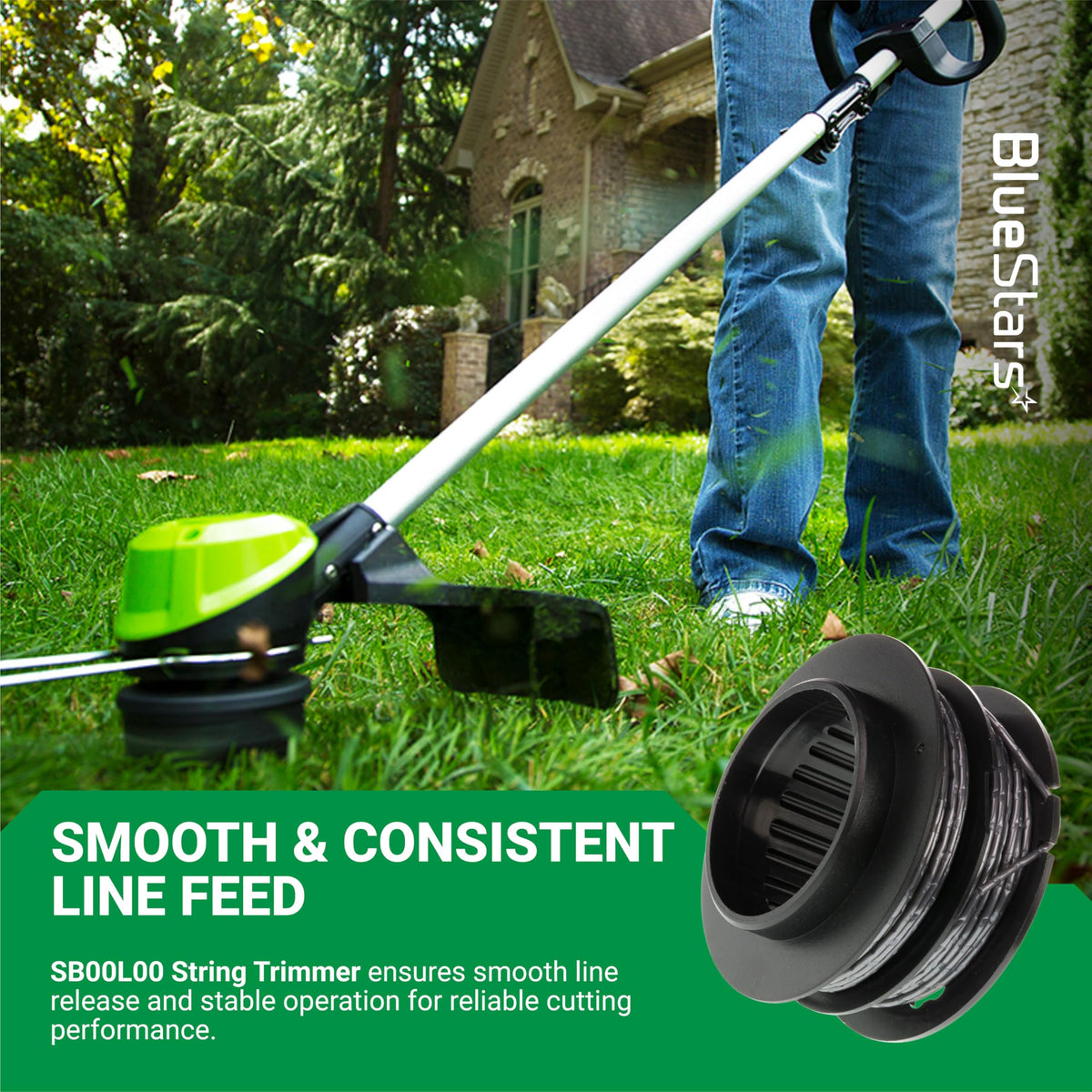 SB00L00 replacement spool for Greenworks string trimmers shown with a person using the trimmer in a lawn.