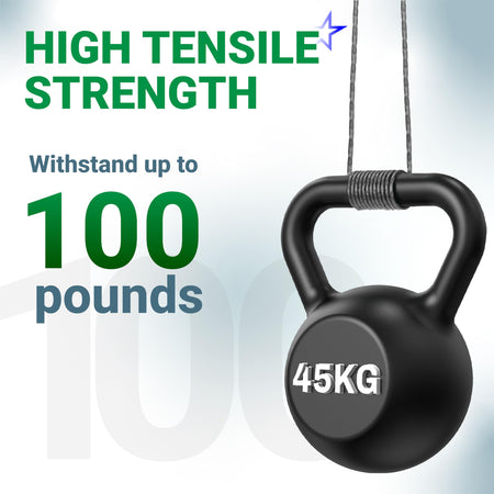 Infographic showing high tensile strength of SB00L00 trimmer line supporting a 45kg kettlebell.