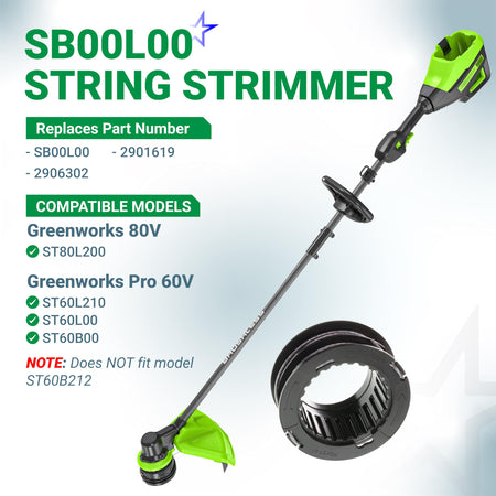 Infographic showing SB00L00 replacement spool compatibility with Greenworks 60V and 80V string trimmers.