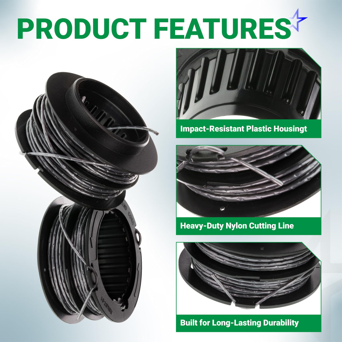SB00L00 replacement spool features for Greenworks string trimmers showing plastic housing and nylon cutting line.