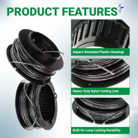 SB00L00 replacement spool features for Greenworks string trimmers showing plastic housing and nylon cutting line.