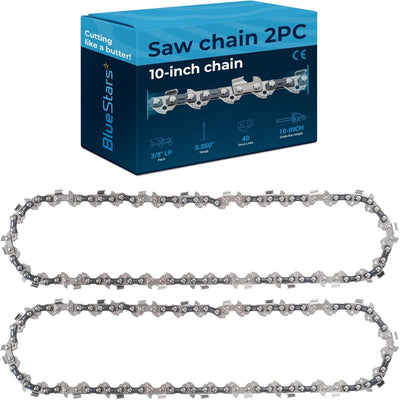 Two 10-inch chainsaw chains with 3/8-inch pitch and 0.050-inch gauge, shown with their BlueStars retail packaging.